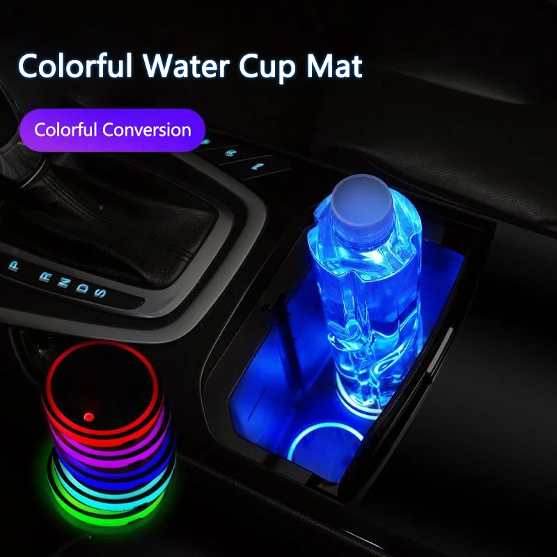 2PC LED Cup Holder Lights for Car Rechargeable 7 Color-Changing Light Up Cup Holder Insert Coasters Car Interior Decor Accessory