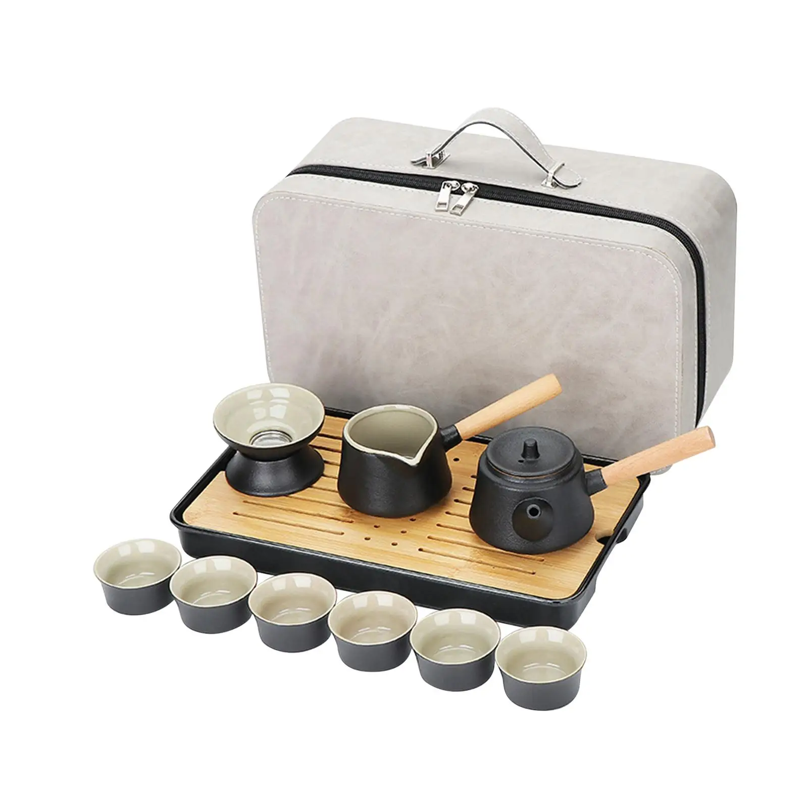 Pottery Travel Tea Set 6 Teacups Traditional with Case Portable Ceramic Tea Set for Office Camping Hotel Home Business Gifts