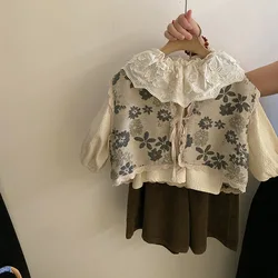Baby Girls Sets Floral Vest Fashion Peter Pan Collar Shirts Casual 2024 Autumn New Korean Style Childrens Sets Clothes