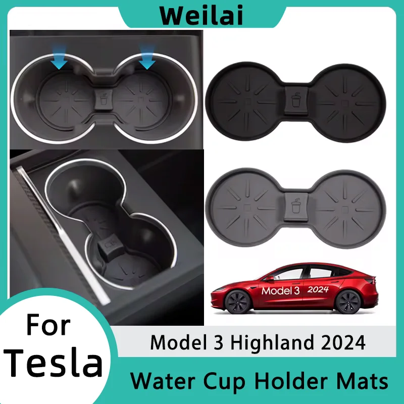 

For Tesla Model 3 highland 2024 Water Cup Holder Mats Silicone Coasters Slots Non-Slip Waterproof Drink Pad Interior Accessories