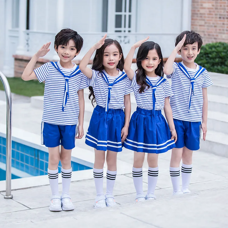 

Kids Korean Navy Style Striped T-shirt Skirts Boys Shorts Sailor Suit Girls Clothes Sets Children Summer Students School Uniform