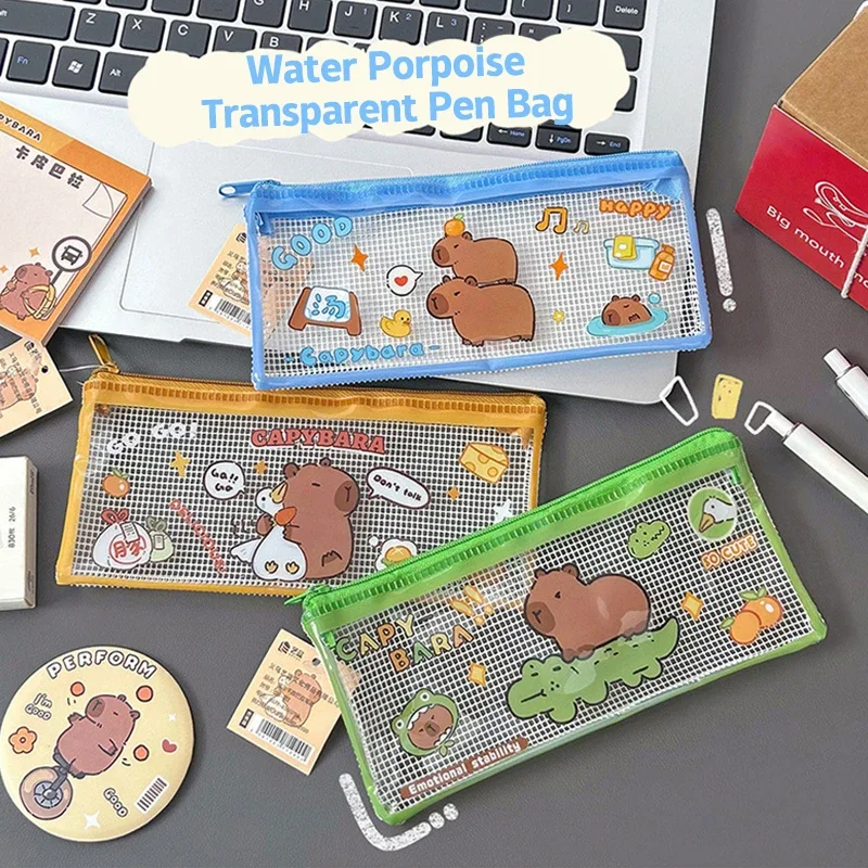 Imagem -03 - Criativo Transparente Bonito Capivara Grade Lápis Case Kawaii Capacidade Bolsa de Lápis Portátil Viagem Maquiagem Bolsa Armazenamento de Papelaria