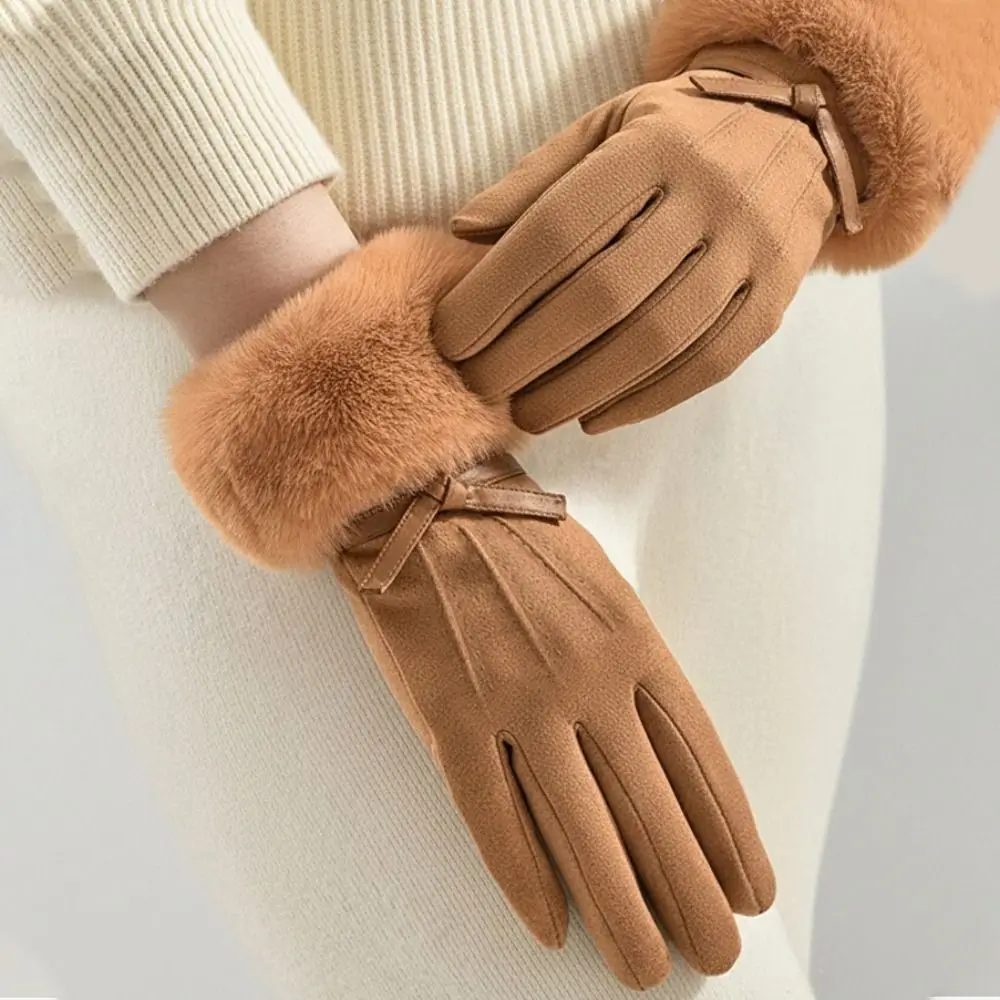 التزلج المخملية الشتاء الجلد المدبوغ قفازات القوس لينة بولي Leather قفازات جلدية بلون يندبروف النساء الدراجات القفازات الفتيات #1