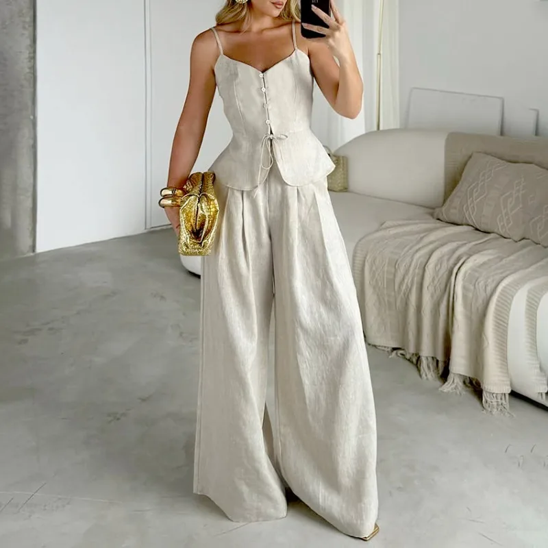 

Летний модный комплект 2026: топ на бретелях и брюки с широкими штанинами, высокая талия, французский дизайн, для офиса и повседневной носки