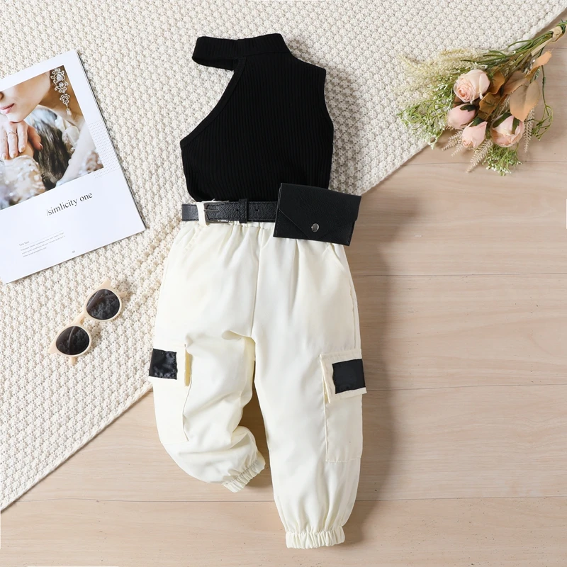 Listenwind 1-5Y Kids Girls Pants Set, Sleeveless Vest with Cargo Pants Belt Fanny Pack Summer Casual Outfit