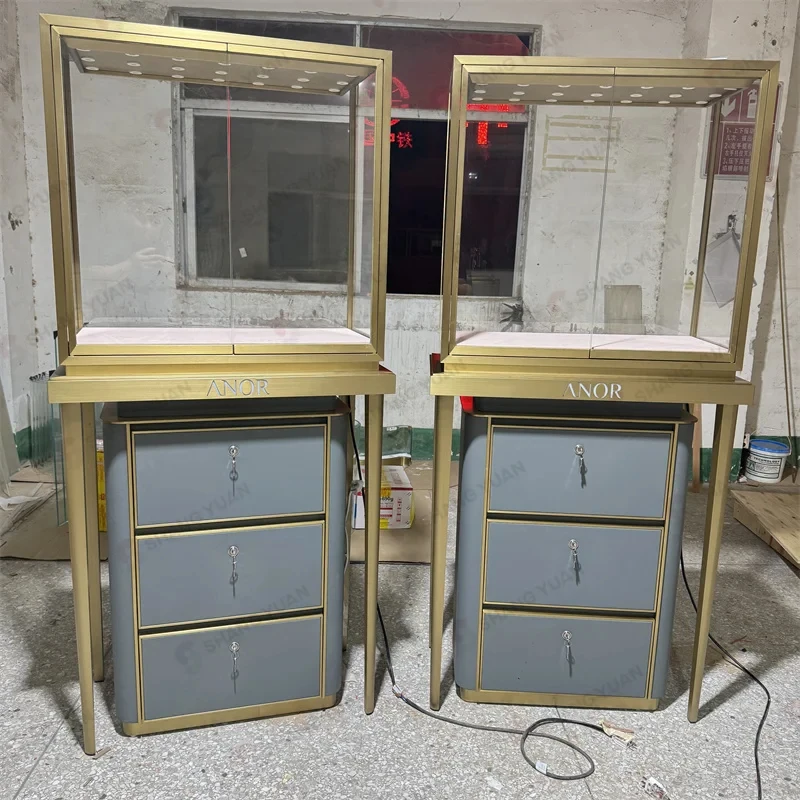 custom.High-End Custom Brushed Stainless Steel Lockable Storage Jewelry Showcase LED-Illuminated Jewelry Display Cabinet