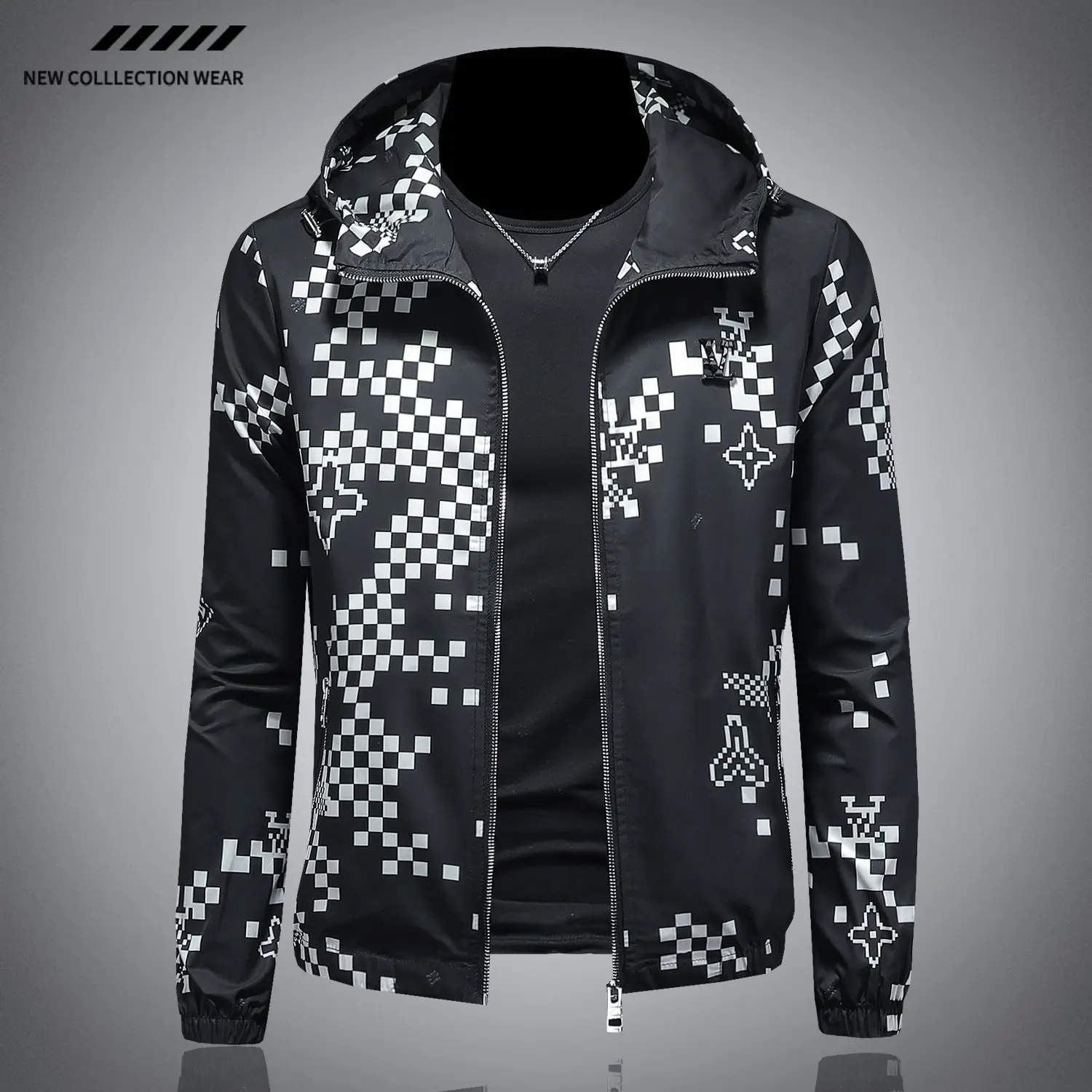 العلامة التجارية العصرية الرجال معطف جديد الرجال روفيان وسيم الراقية منقوشة الطباعة سليم المناسب مقنعين سترة غير رسمية الربيع والخريف