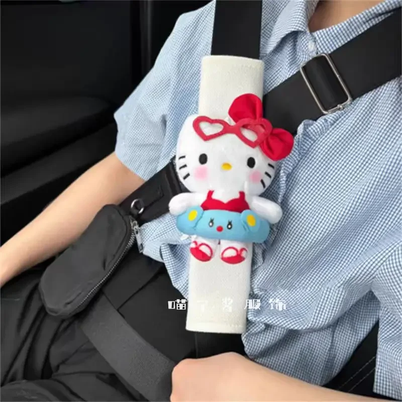 Hello Kitty Cute Car Plush Doll Seat Belt Anti-Suffocation Shoulder Cover Fashion Kawaii Doll Car Decoration Accessories Gift