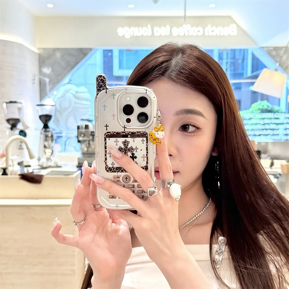 

Fashion leopard print silver phone case for iPhone 16 promax 12 13 14 15 pro cover cute with charm Hello Kitty protective cover