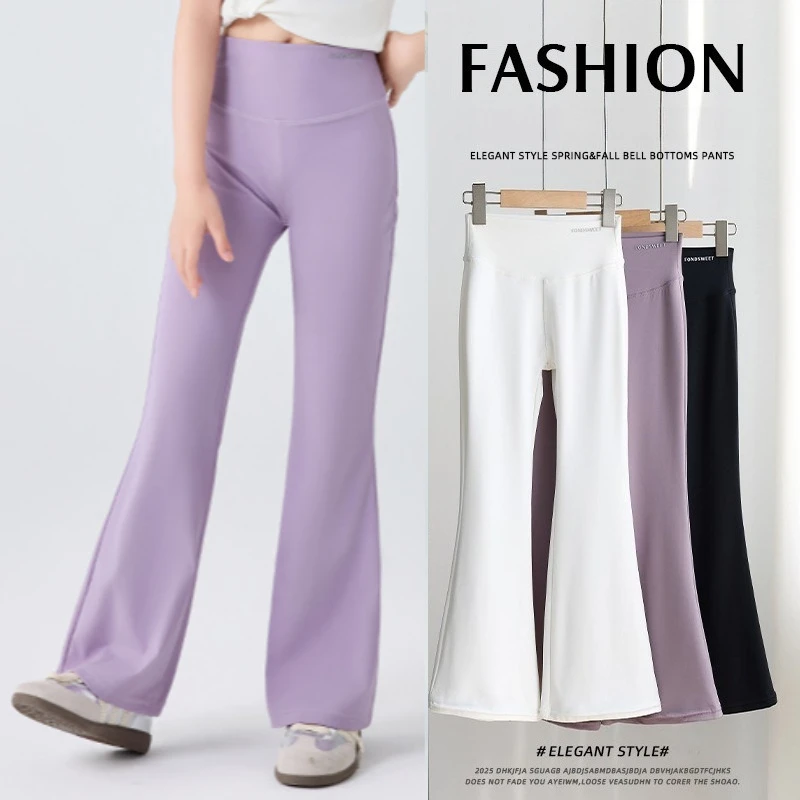 Girls High Waist Flare Leggings Shark Skin Fabric Flared Yoga Pants for Kids Spring Fall School Sports Casual Outings Daily Wear