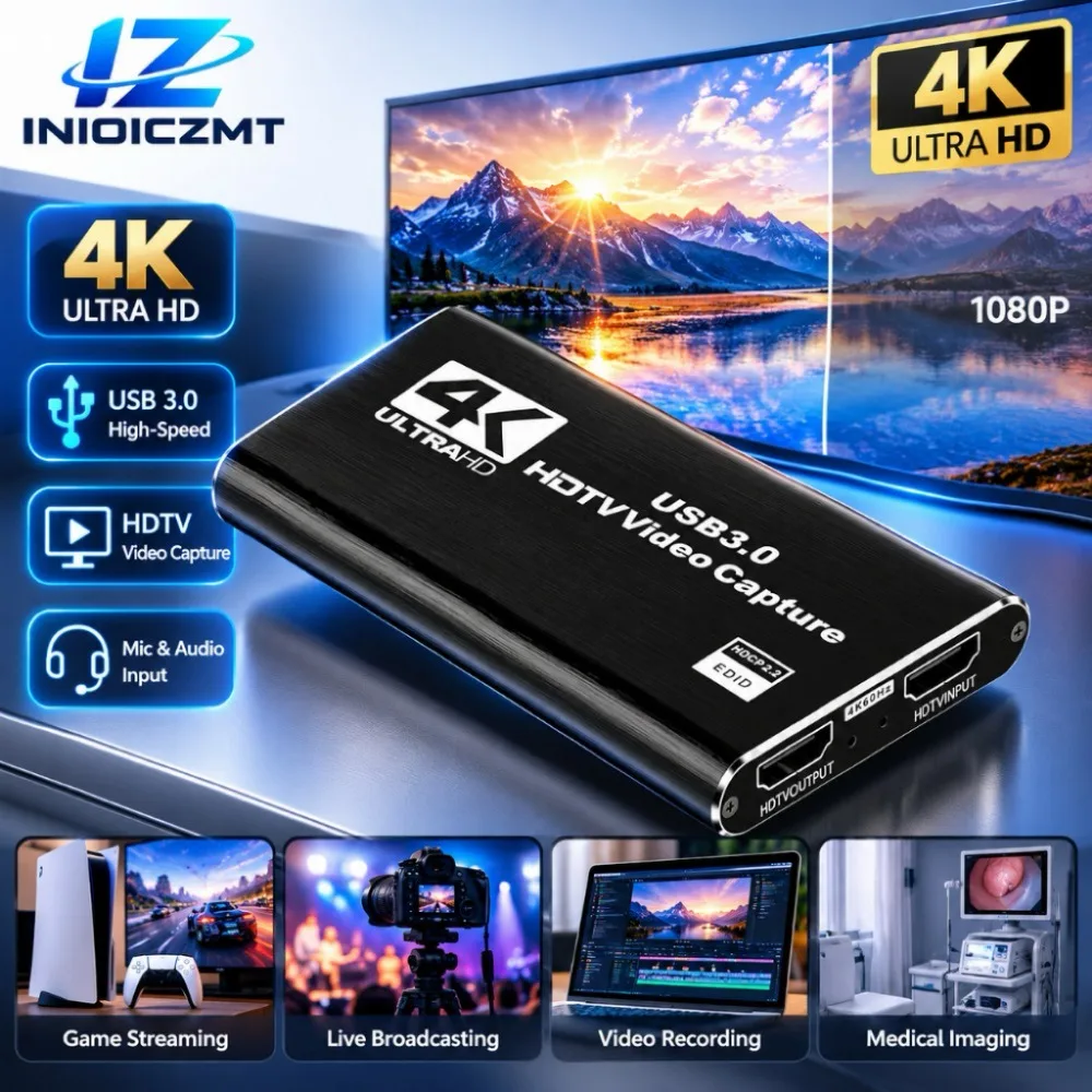 4K USB 3.0 Video Capture Card HDMI Game Capture Grabber 1080P 60Hz HD Recorder for PS4 PC OBS Live Streaming Video Recording