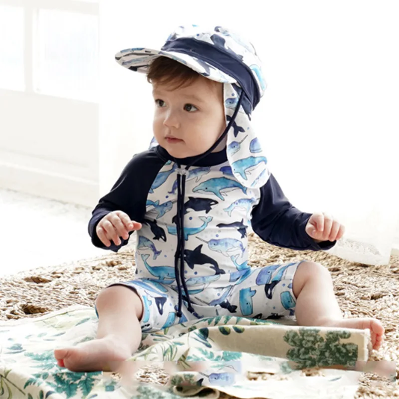 Boys One-piece Swimsuit + Sun Hat Kids Long Sleeve Cartoon Dolphin Sun-protective Quick-Dry Surfing Bathing Suit Baby Swimwear