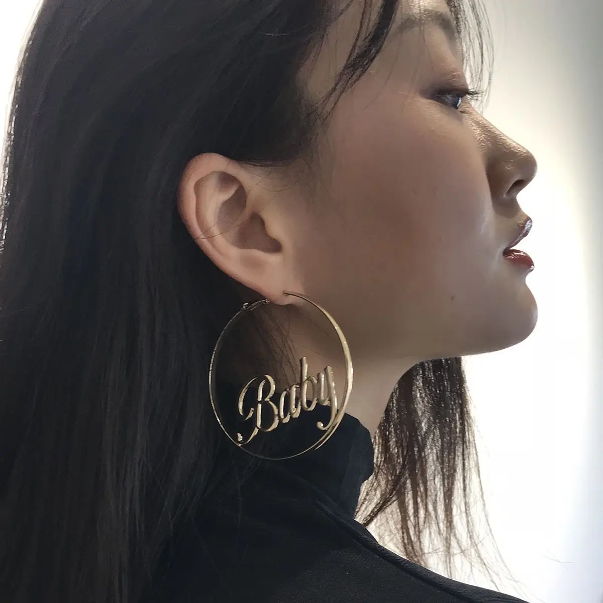 BLIJERY Korean Style Baby Letter Hoop Earrings for Women Gold Color Big Circle Earrings Girl Lady Birthday Party Christmas Gift