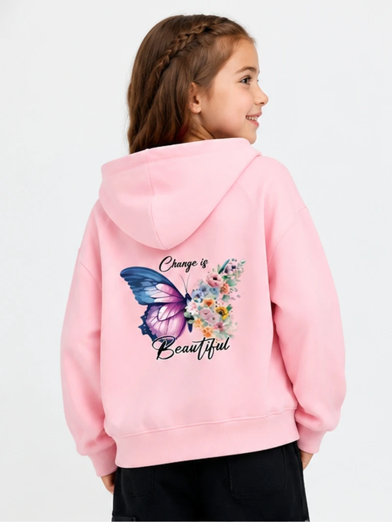 Kinder-Modeschichtmantel mit Schmetterlings- und Blumenmuster, langärmeliges Kapuzenoberteil für Mädchen, Herbst-Baumwoll-Sweatshirt, Größe 5-14T – Detail 5