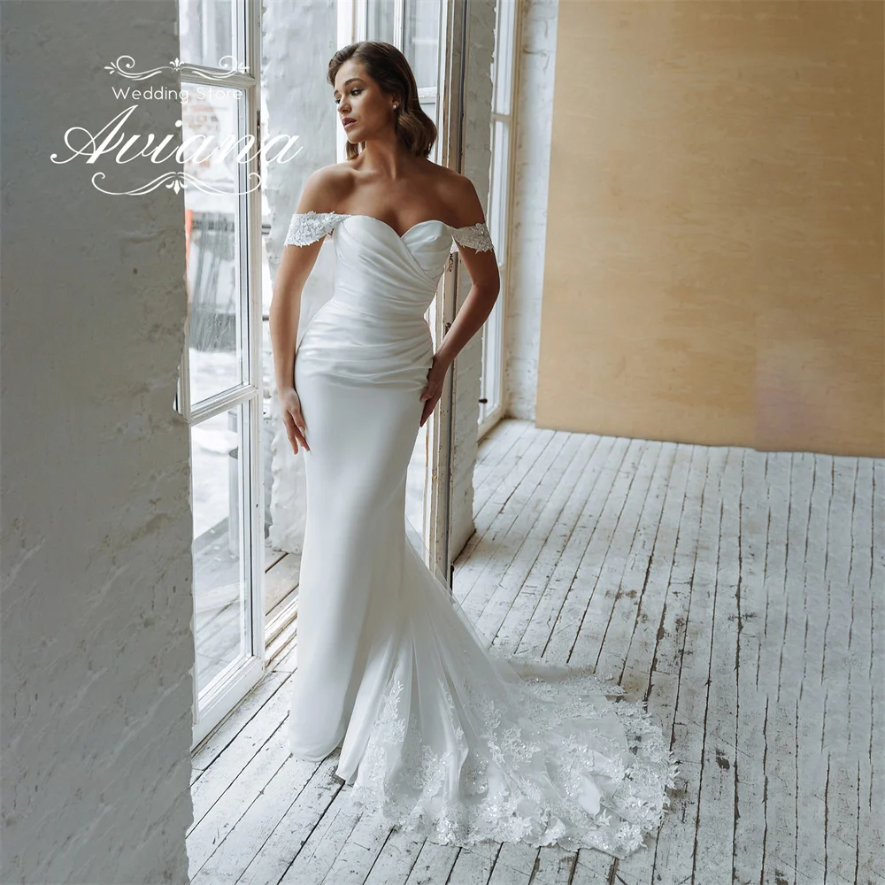 Aviana Customized Lace Appliques Mermaid Wedding Dress Backless Sweetheart Off Shoudler Sweep Train Sequin Ruffles Embroidery