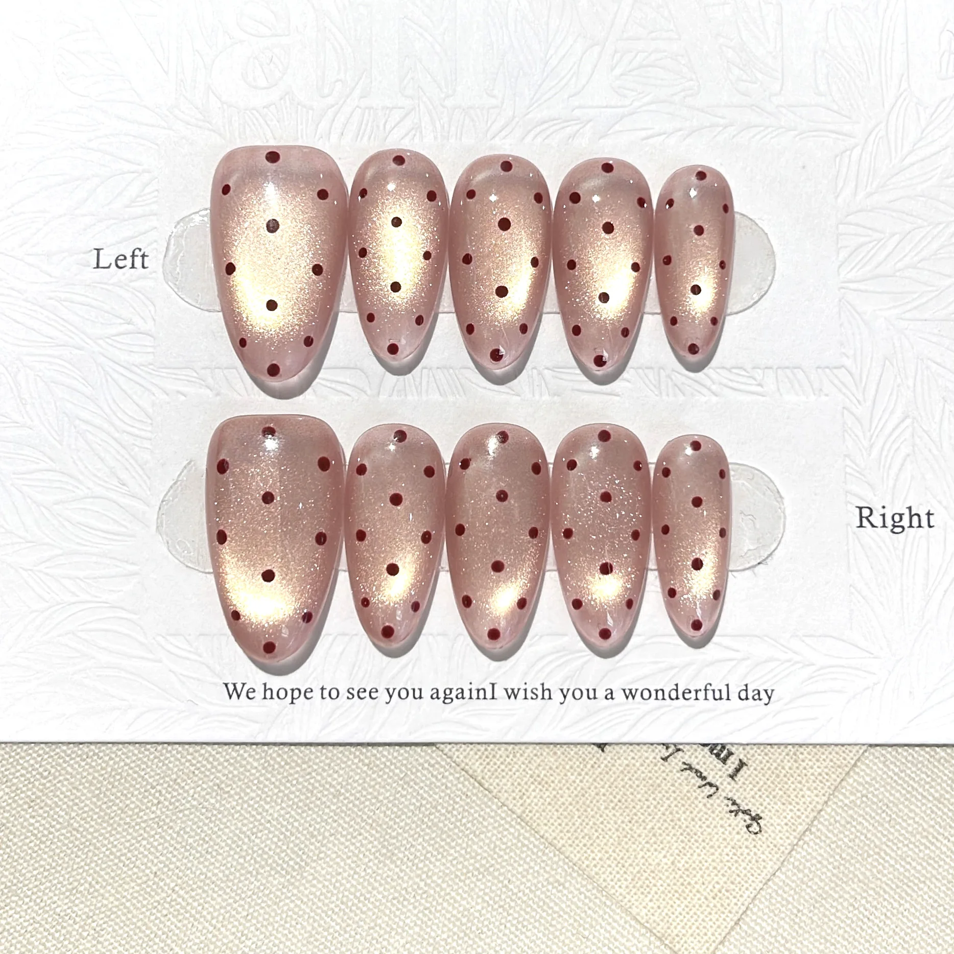 10PCS Handmade Press On Nails, Nude Cat Eye Almond Fake Nails, Red Polka Dot Reusable False Nail Tips for Women