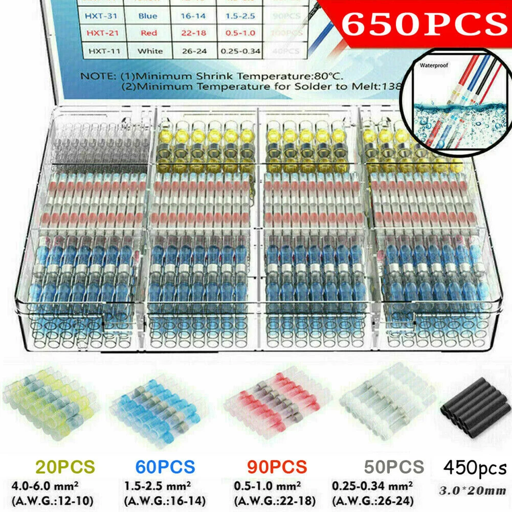 Welding Connector Terminal Professional Waterproof Heat Shrink Butt Connectors Kit 650PCS Solder Seal Terminals