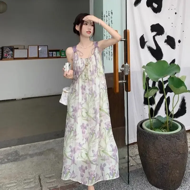 Vestidos florais femininos roxo maxi cetim sem mangas deslizamento chiffon vestido feminino vestido de verão seda longa flor algodão à venda folga