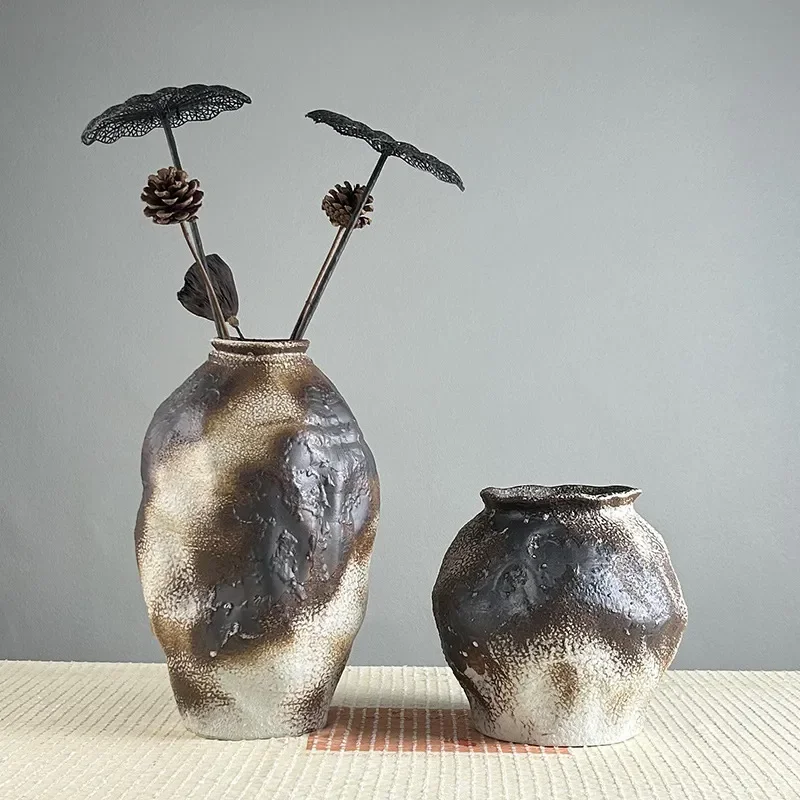 for Retro Handmade Coarse Pottery Large Vase Wabi Sabi Style Home Decor Living Room Flower Arrangement Zen Ceramic Pot