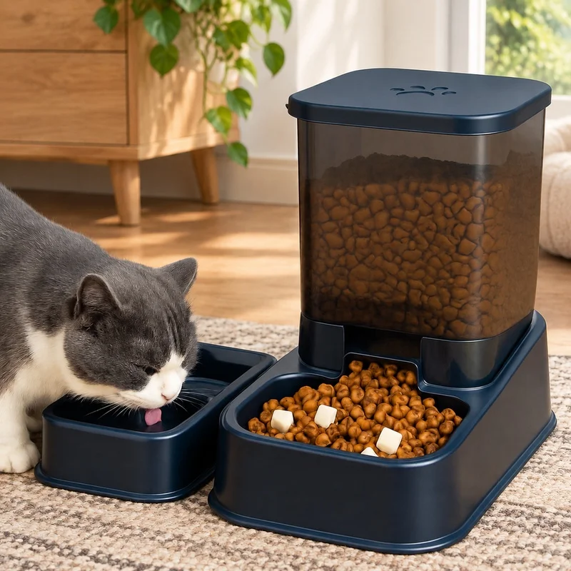 Automatic Portion-Controlled Pet Feeder with Integrated Water Dispenser, Battery-Free Operation for Cats and Dogs