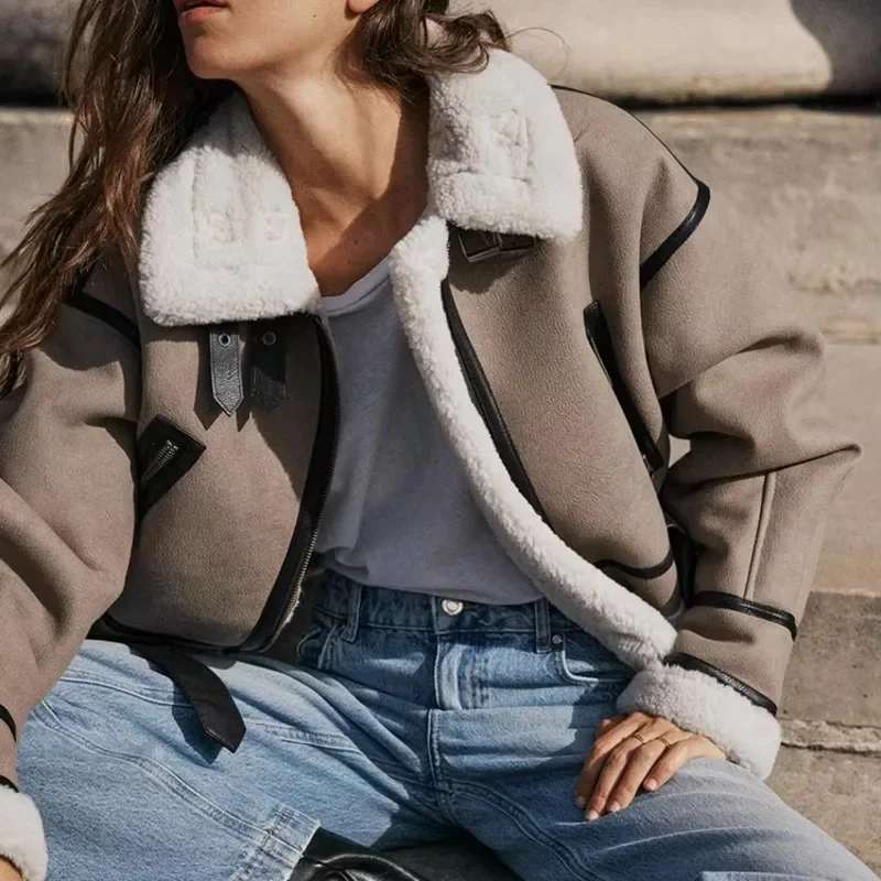 Abrigo de piel sintética para mujer, Chaqueta corta gruesa y cálida y versátil con solapa abatible, moda de invierno, chaqueta Retro para mujer, prendas de vestir 2024