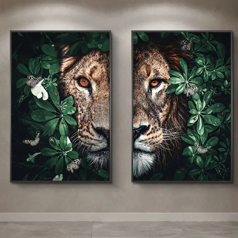 Male Lion And Lioness Wearing Crown Black And White Wildlife Pictures Print Living Room Home Wall Art Decoration Canvas Poste