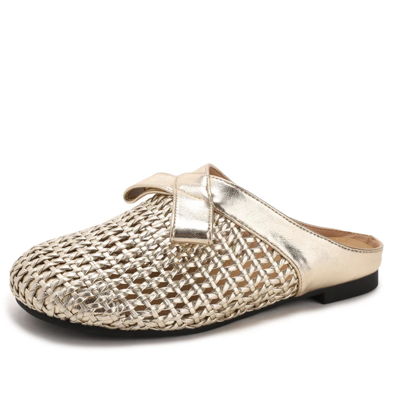 

Versatile woven closed-toe sandals with bow and hollow design, new summer breathable soft-soled women's sandals