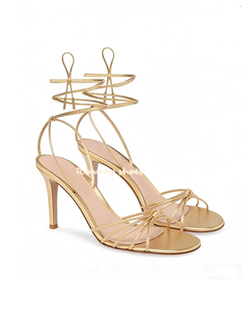 Square-Headed With Exposed Toes Thin Strap Combination Gold Women's Summer Sandals Ankle Bandage Handmade Luxury Women's Shoes