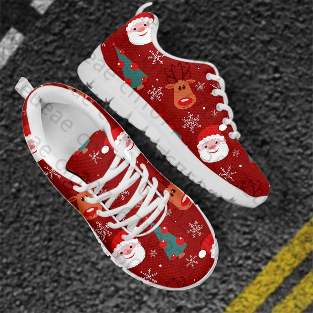 HYCOOL Leisure Sneakers for Women Cute Cartoon Santa and Elk Snowflake Pattern Breathable Air Mesh Shoes Ladies Light Flat Shoes