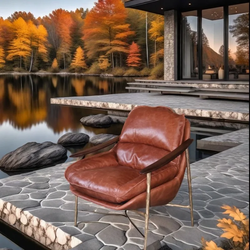 and American industrial style furniture leather sofa chair first layer cowhide retro forged iron frame leisure chair single