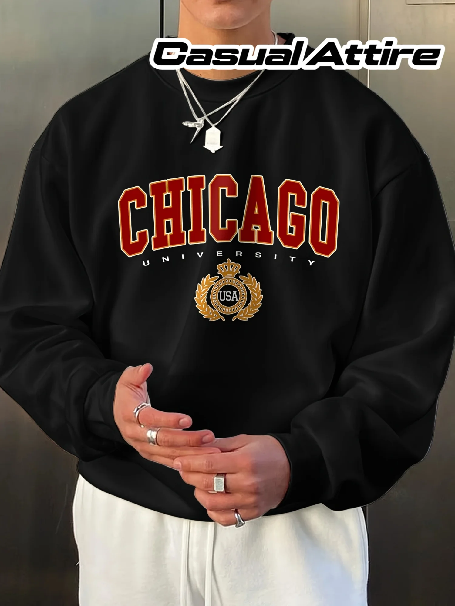 سويت شيرت رجالي للخريف والشتاء كاجوال فضفاض مناسب بشعار جامعة شيكاغو مطبوع عليه حروف ذهبية ورقبة دائرية #1