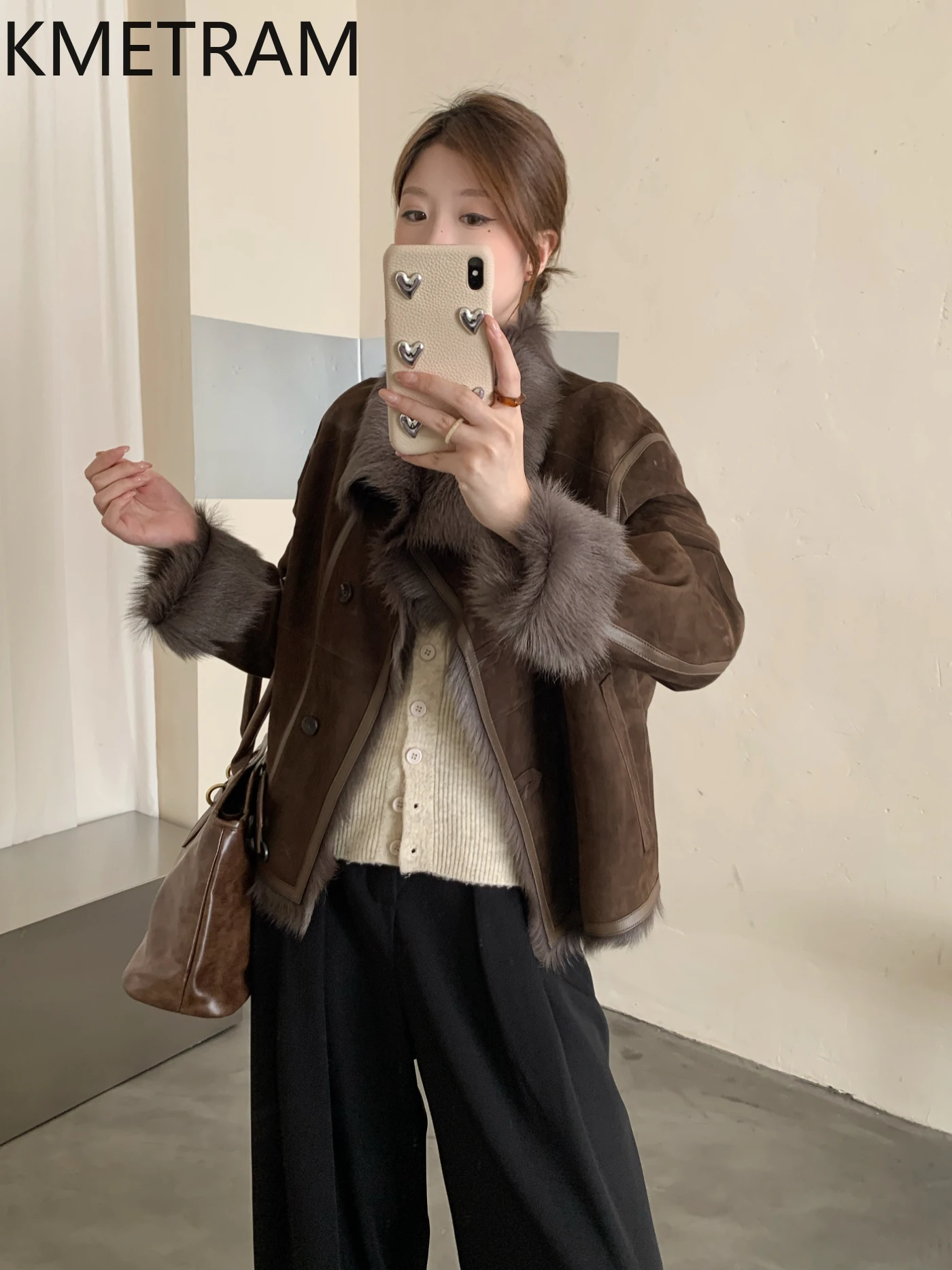 KMETRAM Naturalny płaszcz z naturalnej skóry koziej i owczej z wełną, luksusowy krótki płaszcz podróżny dla kobiet, zimowy 2025, fourrures femmes