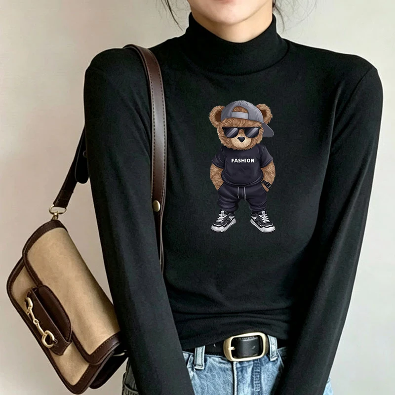 Winter Women's Thermal Brushed Fleece Half Mock Neck Long Sleeve T Shirt Bear Fashion Streetwear Graphic Warm Tee