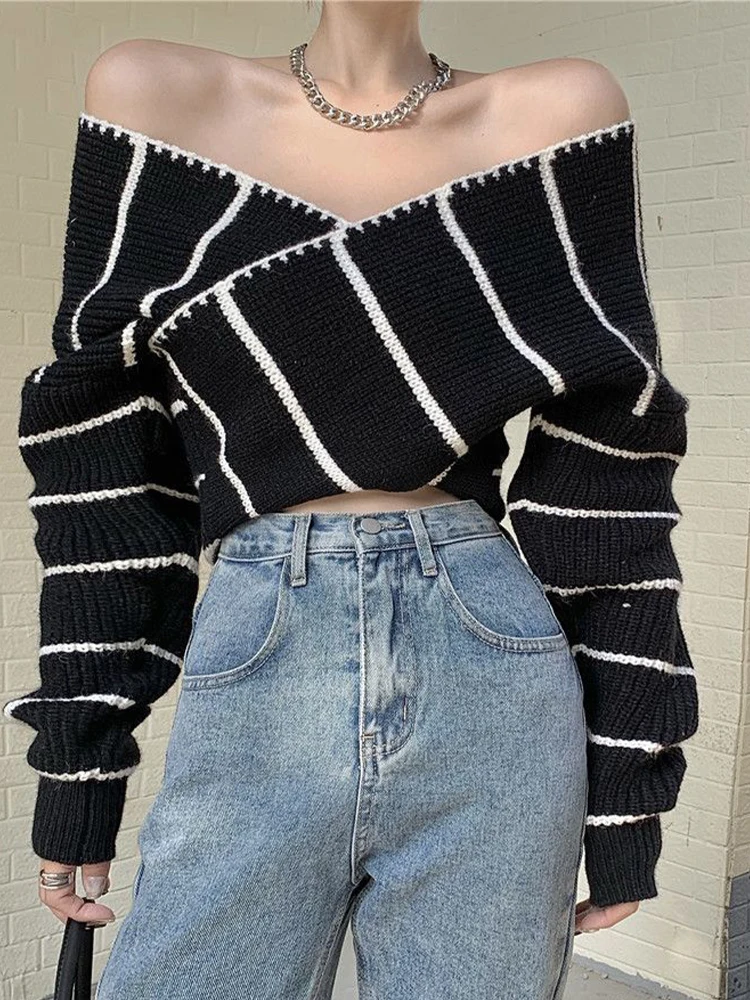 

Women Sweater Striped Off Shoulder Knitted Pullovers Ladies Sexy Slim Long Sleeve Sweater Female Elegant Casual Cropped Jumpers