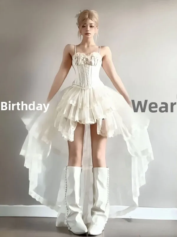 

Unique Beautiful Halter Top Skirt Set Women's Fashion Summer Outfit Puffy Half-length Skirt Two-piece Ensemble round Neckline