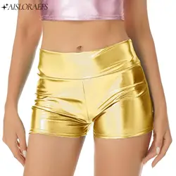 Womens Dance Shorts Summer Metallic Shiny Patent Leather High Waist Shorts Pants Rave Party Clubwear Stage Performance Bottoms