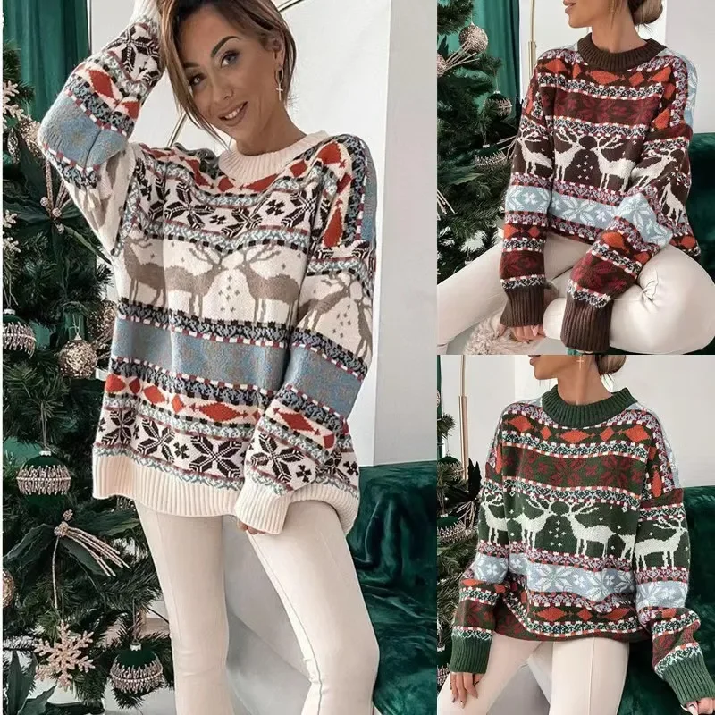 

New High Street Christmas Dress Up Women Retro Deer Jacquard Sweater Autumn Winter Loose Long Sleeve Pullovers y2k clothes