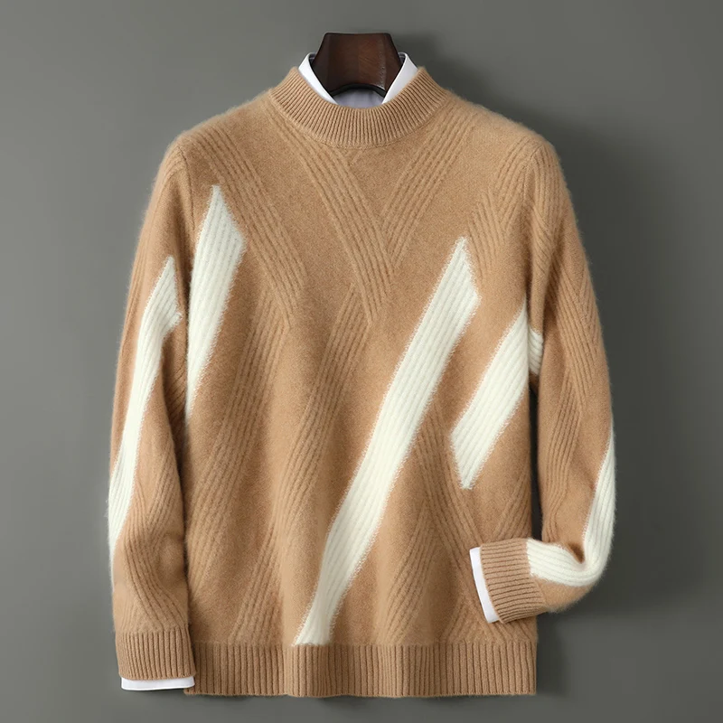 New Men's Fashion 100%Wool Sweater Autumn Winter Round Neck Knitted Warm Color Blocking Bottoming Shirt Business Casual Pullover