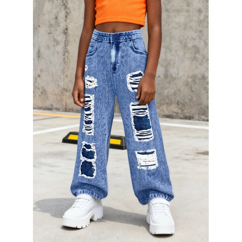 

2025 Girls Fashion Imitation Hole Print Pattern, Children's Trend Casual Imitation Denim Trousers