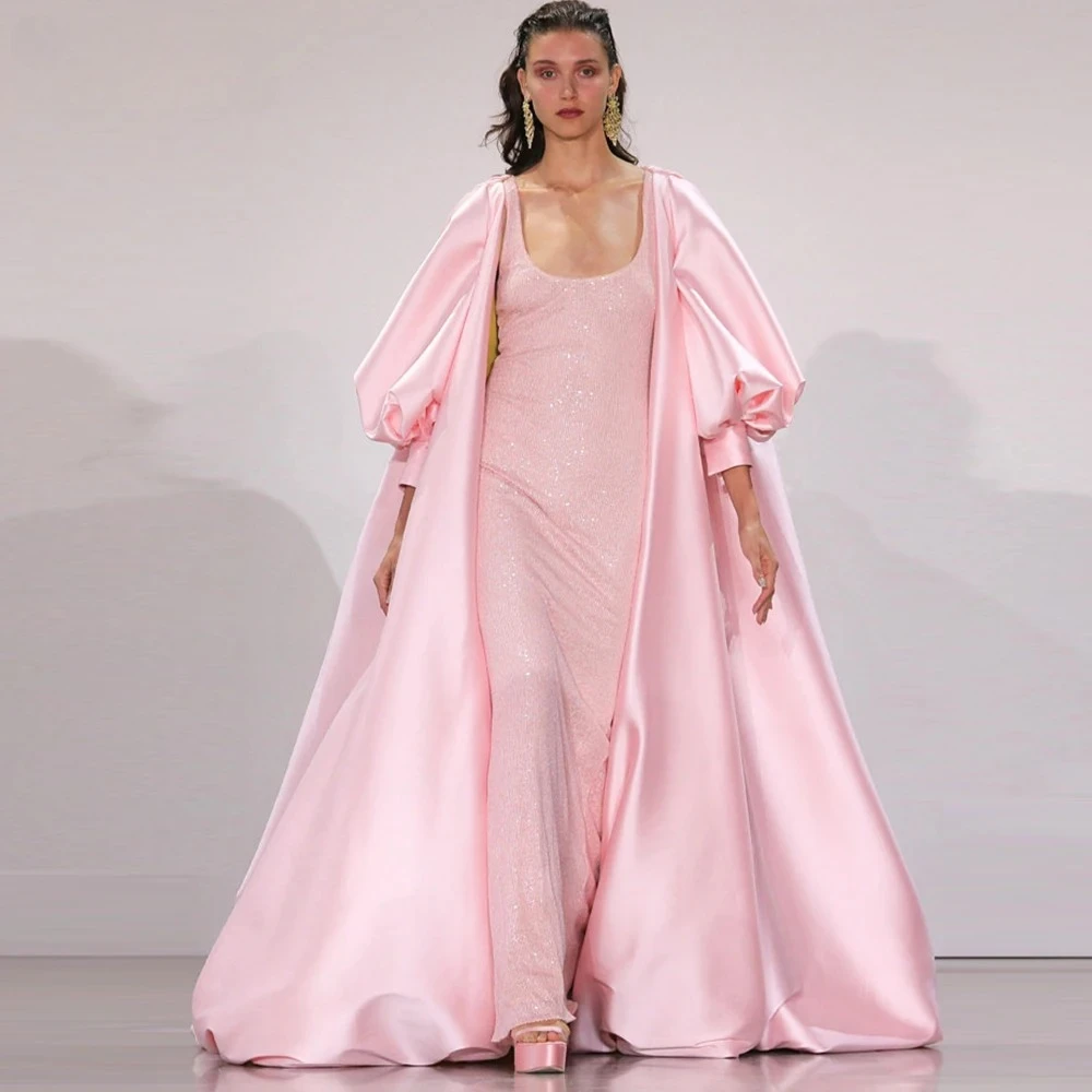 ピンクの長袖ウェディングジャケット、ロングケープ、サテンの女性用コートシック、魅力的なラップカスタムカラー