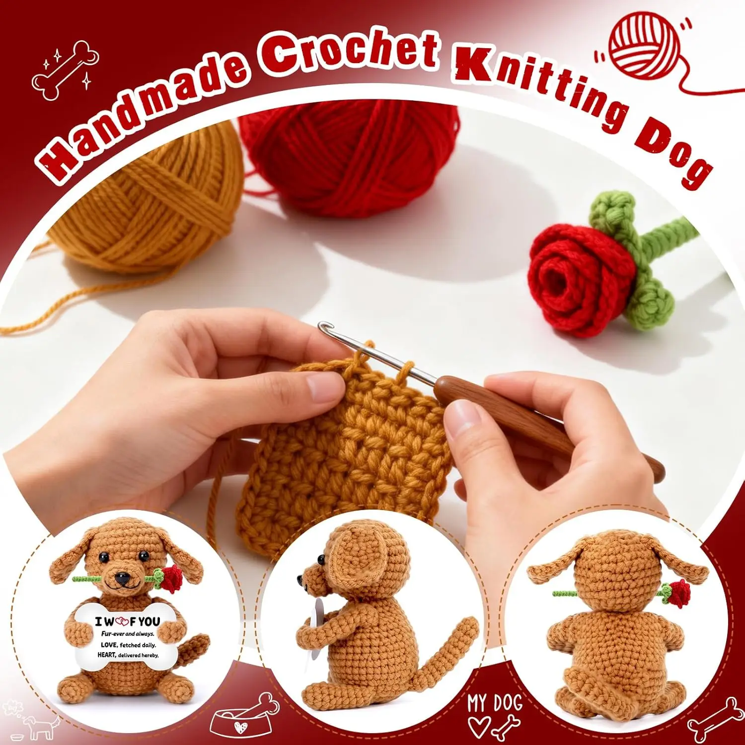 Positive Crochet Cute Animal Dolls with Card Emotional Support Mini Handmade Knitted Dog Bee Desktop Ornament Home Decor Gifts