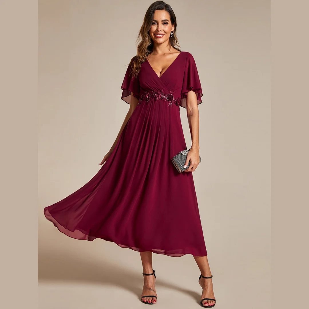 

Chiffon A-line Mother of the Bride Dresses With Flowers Appliques V-neck Short Sleeve Ruffles Mom's Formal Evening Party Dress