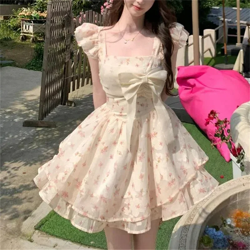 Women Summer Floral Print Ruffle Bow Sweet Sexy Fairy Mini Dress High Waist Sleeveless Slim Square Collar A Line Dresses Vestido