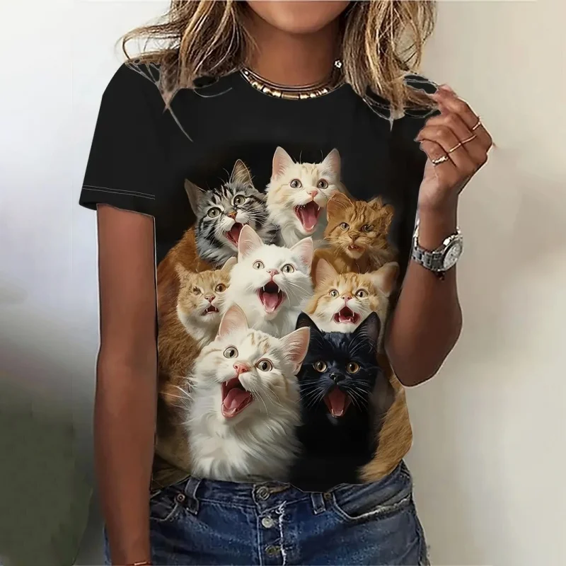 

3D Printed Cute Cat T Shirt For Women Fun Pet Animal Graphic Short Sleeves Summer Street Round Neck Tees Tops Loose T-Shirts