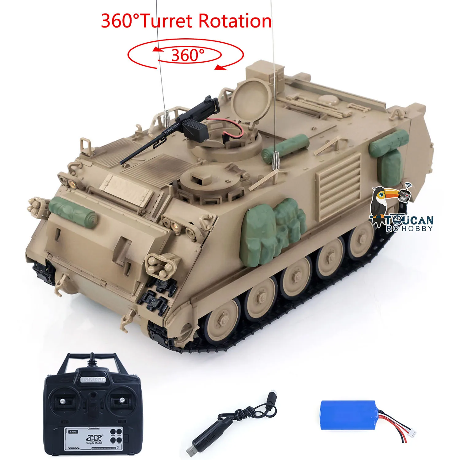 US SALE 360 Degree Infrared Tongde RC Military Tank M2412-C M113A2 1/16 APC Turret Rotation LED Light Sound Radio Panzer Remote Control Electric Toys