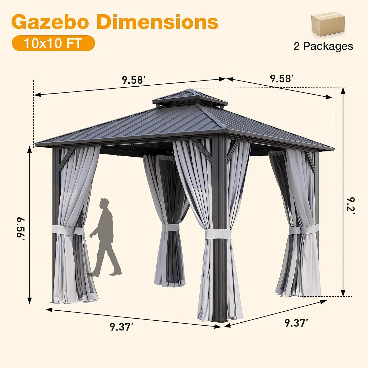 10x10FT Hardtop Gazebo Gray | Permanent Outdoor Pergola with Double Galvanized Steel Roof and Curtains and Netting, Customized