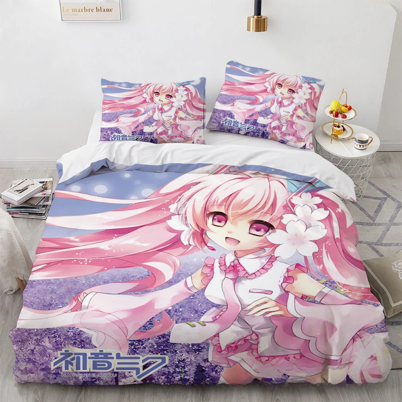 Anime Hatsune Miku Bedding Set Kawaii Quilt Cover Pillowcase Harajuku Bed Bedroom Duvet Cover Decor Beddings Suit Kids Gift