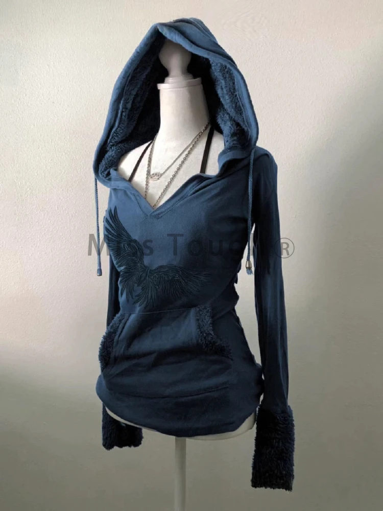 Autumn Aesthetic Vintage Slim Solid Hoodie Women High Street Y2k Long Sleeve Print Hooded Top Female Goth Chic Thin Blue Top New