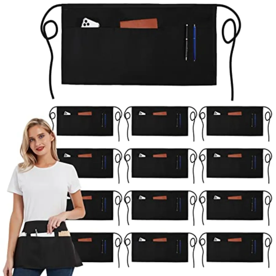 

12 Pack Server Aprons with 3 Pockets - Waitress Half Aprons for Women Men Water Resistant with Long Waist Strap