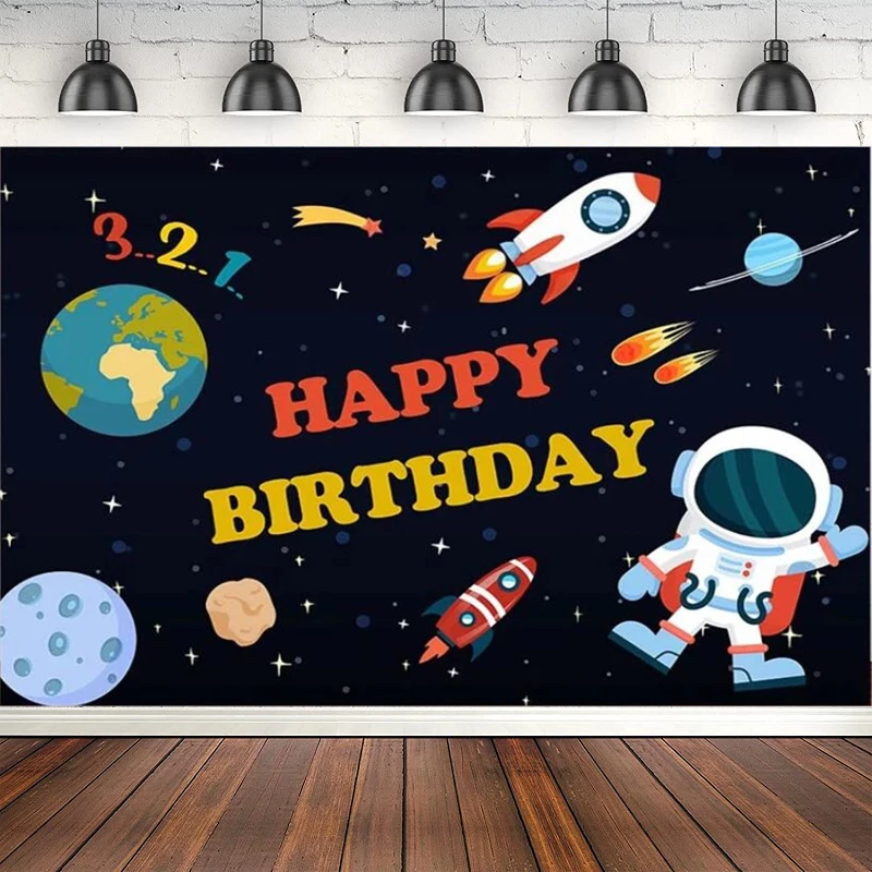 Aviation Photography Backdrop Space Adventure Happy Birthday Background Poster For Planet Milky Way Kids Birthday Decor Banner